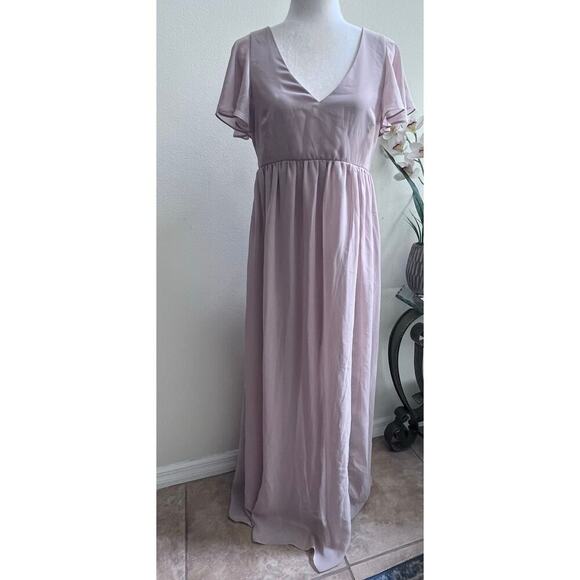 Birdy Grey Hannah Maxi Ruffle Sleeve Dress M in Crepe Taupe Bridesmaid Wedding - Picture 1 of 8